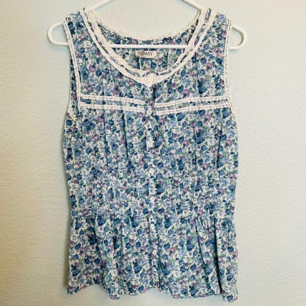Romy Blue Purple Vintage Floral Crochet Feminine Button Up Sleeveless Top | XL - Picture 1 of 6